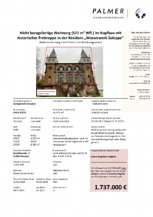 Dokumentenseite einer Zwangsversteigerung in Dresden, Brockhausstr. 5, Eigentumswohnung, 521 m² Wohnfläche, Versteigerungsgericht Amtsgericht Dresden, Aktenzeichen 520 K 97/23