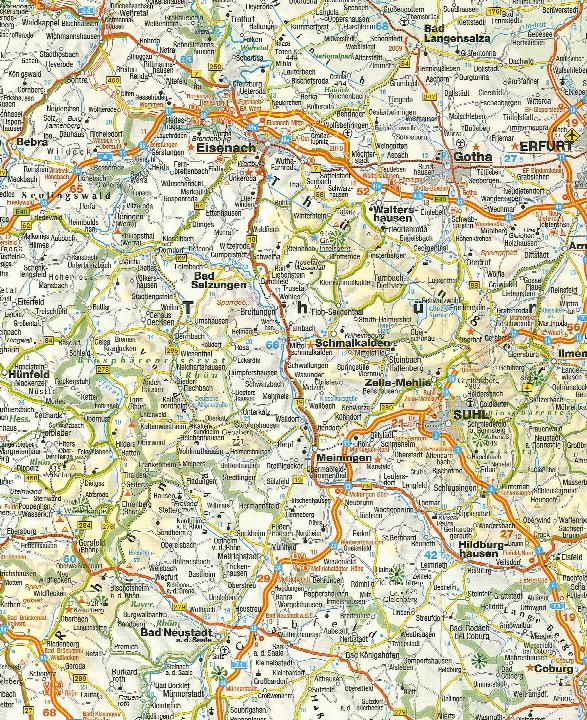 Karte der Region um Suhl, Thüringen, mit Straßen, Städten und Gemeinden; Standort Suhl, Postleitzahl 98529, im Kontext einer Zwangsversteigerung eines Einfamilienhauses