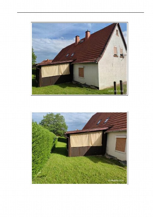 Seitenansicht eines Wohn-/Geschäftshauses in Linsengericht, Brunnenstraße 6, mit rotem Satteldach, beigefarbener Fassade und angebautem Anbau mit Plane, umgeben von Grünfläche