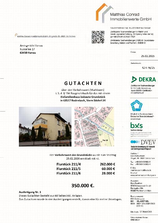 Gutachten über den Verkehrswert eines Einfamilienhauses in Rodenbach, Vorm Stichel 24, mit Grundstücksangaben und Bewertungssumme von 350.000 €