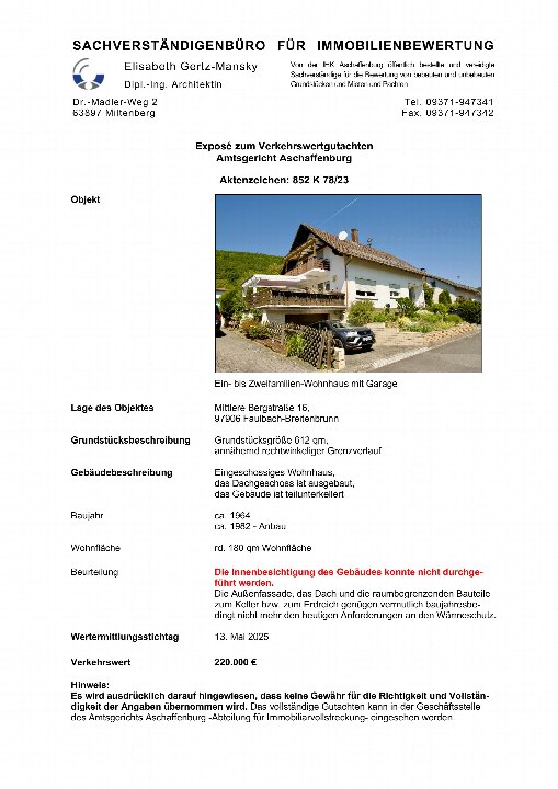 Dokumentenseite mit Exposé zum Verkehrswertgutachten eines Zweifamilienhauses, inklusive Adresse, Grundstücksgröße, Baujahr und Verkehrswert von 220.000 €