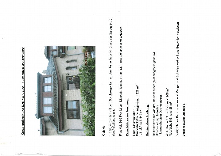 Dreigeschossiges Reihenhaus in Diepholz, Ginsterstraße 1A, mit Satteldach, Fenstern und Eingangstür, teilweise unterkellert, Dachgeschoss ausgebaut