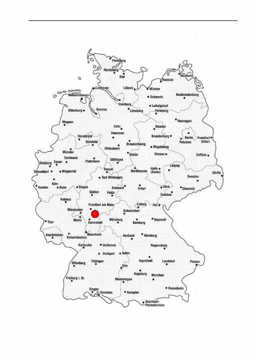 Karte Deutschlands mit markierter Lage von Rodgau-Jügesheim, Gutenbergstraße 8, 63110 Rodgau. Wohn-/Geschäftshaus im Zentrum der Stadt
