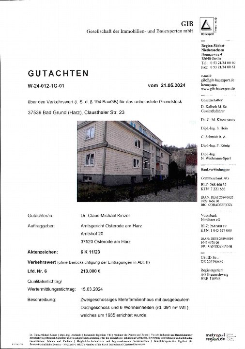 Gutachten der GIB Bauexpert mbH über ein Mehrfamilienhaus in Bad Grund, Clausthaler Str. 23, mit Verkehrswertangabe und Beschreibung des Objekts