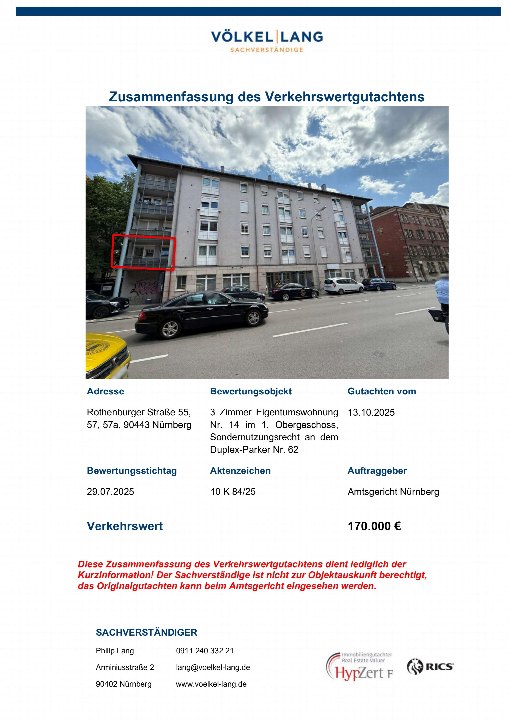 Dokumentenseite mit Zusammenfassung eines Verkehrswertgutachtens für eine Eigentumswohnung in Nürnberg, Rothenburger Straße 55, mit Foto des Gebäudes und Bewertungsinformationen
