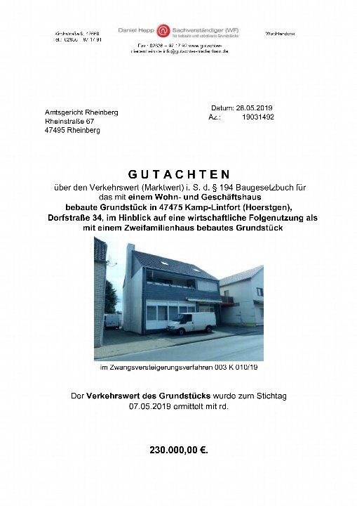 Dokumentenseite eines Gutachtens zur Zwangsversteigerung eines Wohn- und Geschäftshauses in Kamp-Lintfort, Dorfstraße 34, mit eingebettetem Foto des Gebäudes und Verkehrswertangabe
