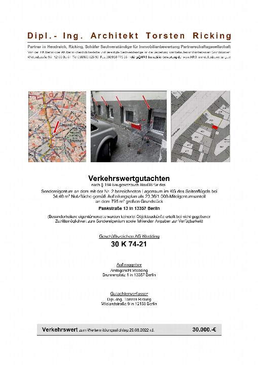 Verkehrswertgutachten für Teileigentum an Lagerraum im Seitenflügel, Nr. 563, Pankstraße 13, Berlin, 12159, mit Karte, Gebäudeansicht und Grundriss