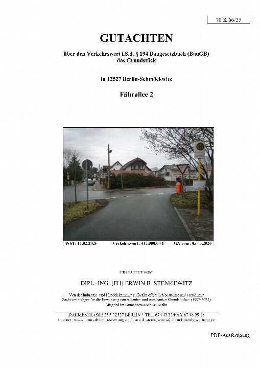 Dokumentenseite eines Gutachtens über den Verkehrswert des Grundstücks Fährallee 2, 12527 Berlin-Schmöckwitz, mit eingefügtem Straßenbild und Angaben zum Sachverständigen