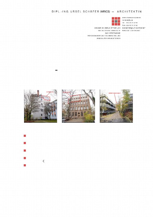 Dokumentenseite mit Kontaktinformationen der Architektin Dipl.-Ing. Ursel Schäfer (MRICS) aus Berlin, darunter drei Bilder von Gebäuden mit markierten Bewertungsobjekten
