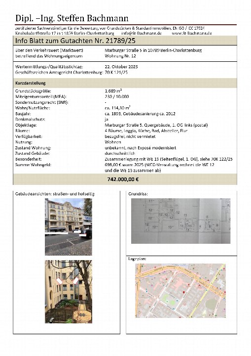 Dokumentenseite einer Zwangsversteigerung in Berlin, Marburger Straße 5, Wohnung Nr. 12. Enthält Kurzdarstellung, Grundriss, Lageplan und Gebäudeansichten einer Eigentumswohnung