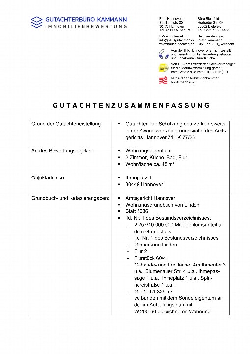 Gutachtenzusammenfassung für Zwangsversteigerung in Hannover, Objekt Ihmeplatz 1, 30449, Doppelhaushälfte, ca. 45 m², Wohnungsgrundbuch von Linden, Blatt 5086