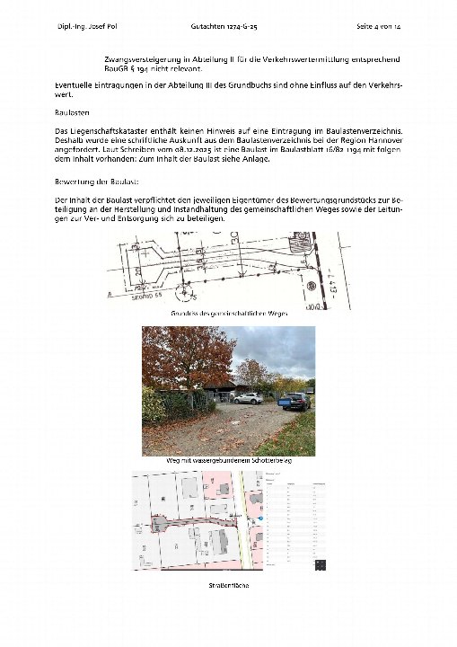 Grundriss des gemeinschaftlichen Weges mit wassergebundenem Schotterbelag, Straßenfläche und Lageplan des Grundstücks in Uetze, ingser Straße 22, 31311