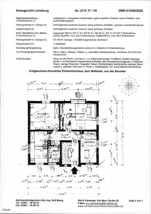 Grundriss des Erdgeschosses eines Einfamilienhauses, kein Maßstab, aus der Bauakte. Zeigt Flur, Wohnzimmer, Kinderzimmer, Küche, WC und Treppe. Maße in Metern angegeben