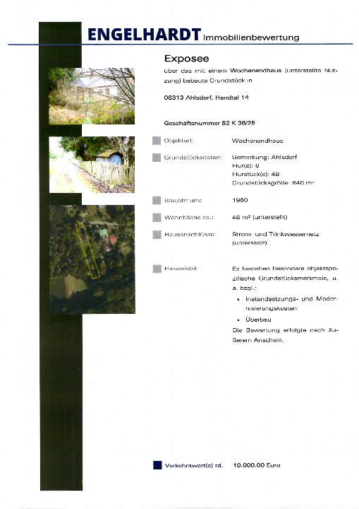 Dokumentenseite mit Immobilienbewertung für Grundstück Handtal 14, 06313 Ahlsdorf, mit drei Bildern: Gebäude, Zaun und Luftbild mit markiertem Grundstück