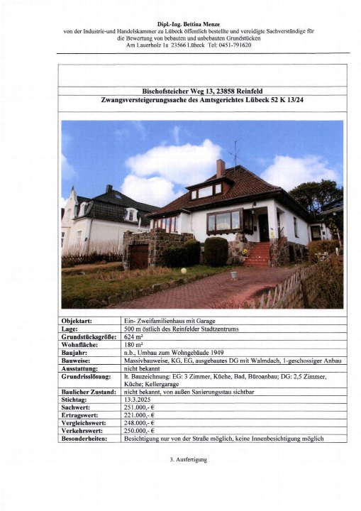 Zweifamilienhaus in Reinfeld, Bischofsteicher Weg 13, mit Garage, Grundstück 624 m², Wohnfläche 180 m², Baujahr 1949, Zwangsversteigerung durch Amtsgericht Lübeck