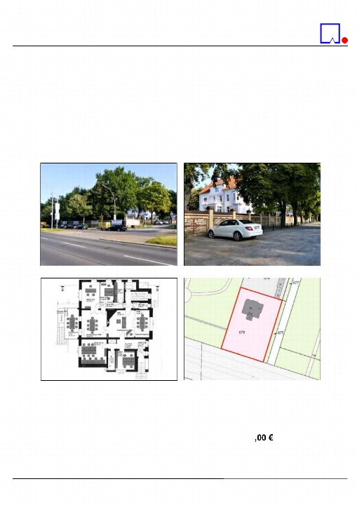 Ansicht des Wohn-/Geschäftshauses Spandauer Damm 212, Berlin, mit Außenansicht, Grundriss und Parzellenkarte