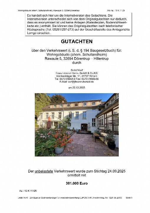 Dokumentenseite mit Gutachten über Wohngebäude in Dörentrup, ermittelt durch Detlef Korf aus Rinteln, Krankenhäger Str. 11, 31737