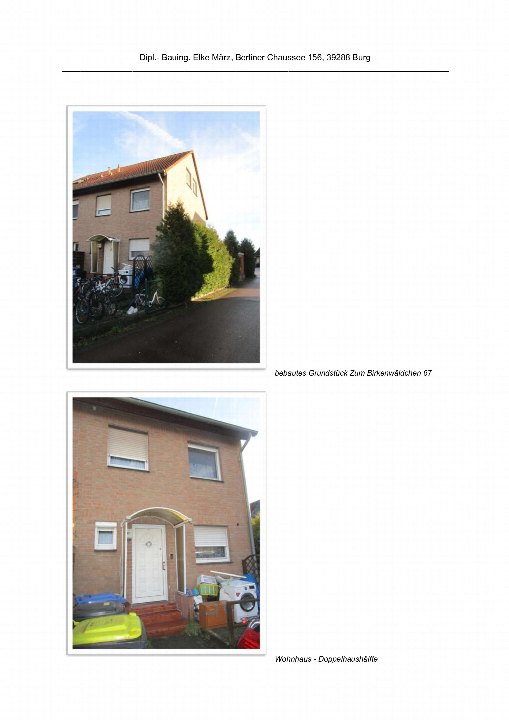 Zweigeschossiges Wohnhaus, Doppelhaushälfte aus Backstein mit Eingangstür, Fenstern und angrenzendem Grundstück. Im Vordergrund Fahrräder, Gartengeräte und Haushaltsgegenstände