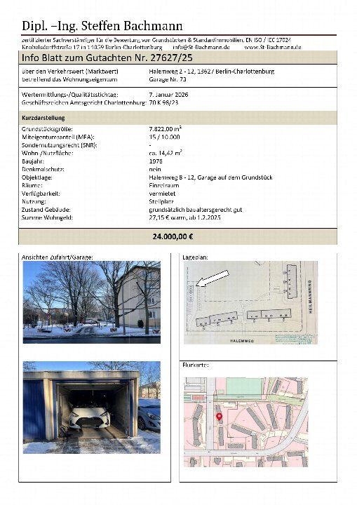 Dokumentenseite mit Gutachteninformationen zur Zwangsversteigerung einer Garage in Berlin-Charlottenburg, inklusive Ansichten der Zufahrt, Lageplan und Flurkarte