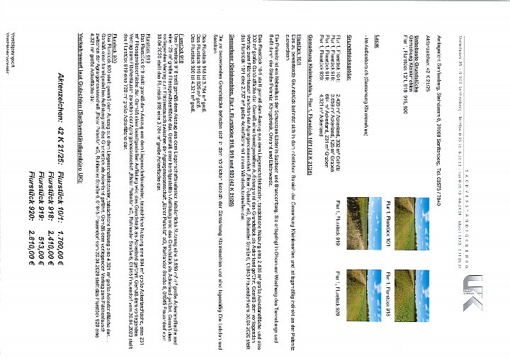 Dokumentenseite einer Zwangsversteigerung für landwirtschaftlich genutztes Grundstück in Großkmehlen, nördlich der Elsterwerdaer Straße, mit Flurstücksangaben und Abbildungen