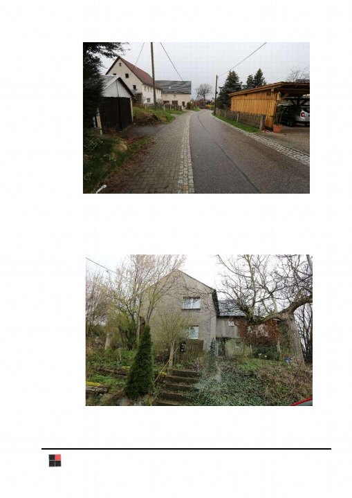 Zwei Bilder einer ländlichen Straße mit Häusern, einem Holzcarport und einem Grundstück mit Gartenanlage und Bäumen. Die Szene wirkt ruhig, der Himmel ist bedeckt