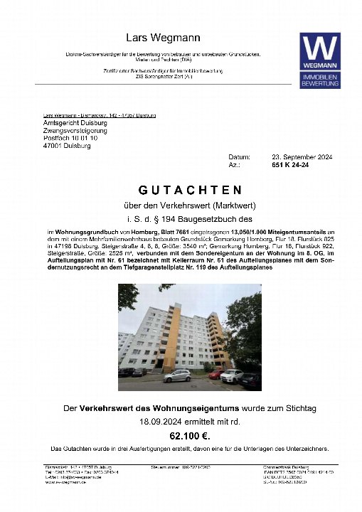 Dokumentenseite einer Zwangsversteigerung in Duisburg, Steigerstraße 4, 6, 8, mit Foto eines Mehrfamilienhauses und Gutachten über Eigentumswohnung