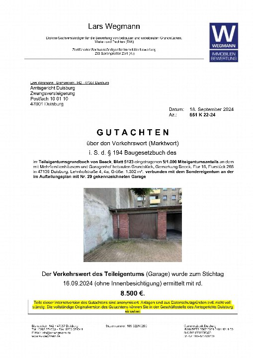 Dokumentenseite eines Gutachtens zur Zwangsversteigerung in Duisburg, Lehnhofstraße 4, 4a, mit Bild einer Garage und Angaben zum Verkehrswert