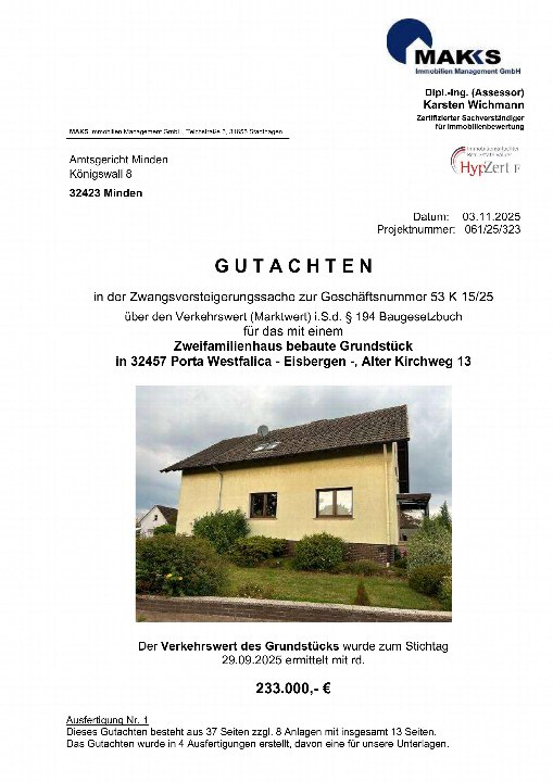Dokumentseite eines Gutachtens zur Zwangsversteigerung eines Zweifamilienhauses in Porta Westfalica, Alter Kirchweg 13, mit Foto des Gebäudes