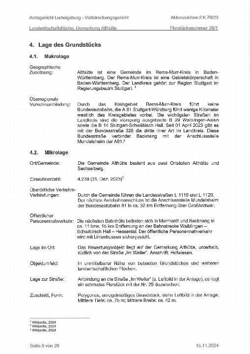 Seite 8 eines Zwangsversteigerungsaktes für eine Grundstücksfläche in Althütte, Rems-Murr-Kreis, mit Lagebeschreibung, Verkehrsanbindung und Grundstücksdaten