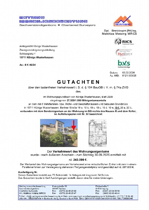 Gutachten zur Zwangsversteigerung in Königs Wusterhausen, Berliner Straße 19f, mit Grundriss und Außenansicht des Gebäudes