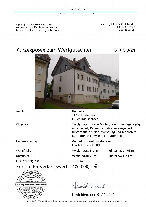 Dokumentenseite mit Kurzexposé zum Wertgutachten für ein Grundstück in Lohfelden, Heupel 9, mit Angaben zu Wohn- und Nutzfläche sowie Verkehrswert