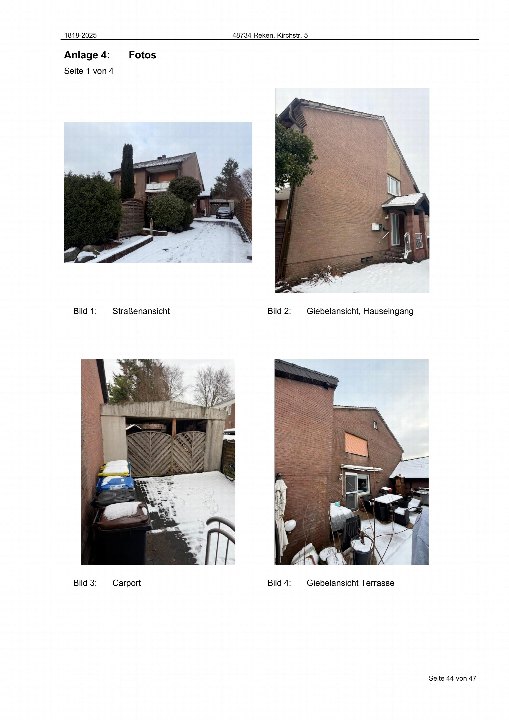 Vier Fotos eines Einfamilienhauses in Reken, Kirchstr. 5, mit Straßenansicht, Giebelansicht mit Hauseingang, Carport und Terrasse im Winter mit Schnee