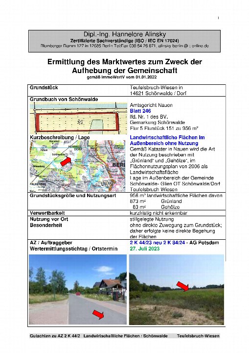 Dokumentenseite zur Ermittlung des Marktwertes für unbebautes Grundstück Teufelsbruch-Wiesen in Schönwalde, mit Lageplan, Flächenangaben und Fotos der Umgebung