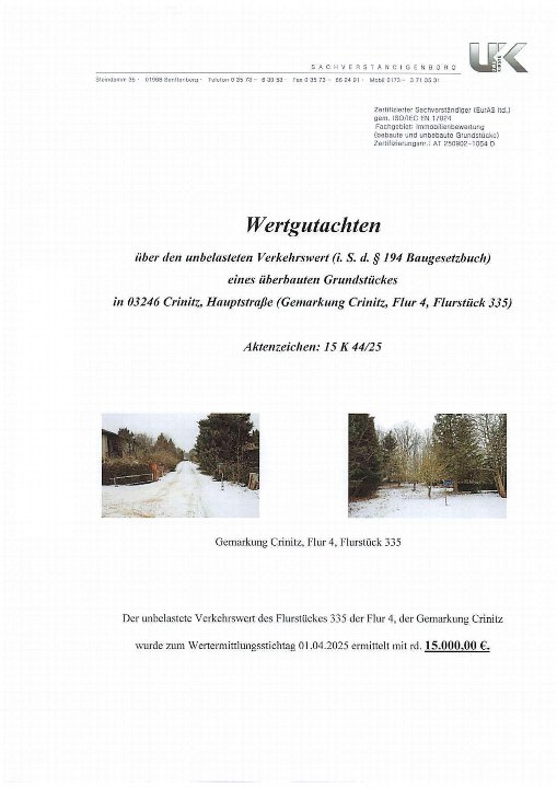 Wertgutachten für Grundstück in 03246 Crinitz, Hauptstraße, Flur 4, Flurstück 335, mit zwei Fotos des Grundstücks im Winter