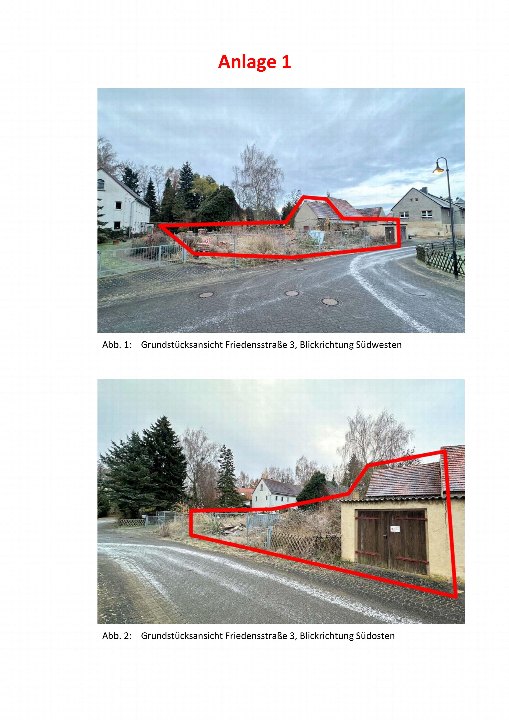 Grundstücksansicht Friedensstraße 3 in Wermsdorf, 04275, mit rotem Umriss des Grundstücks aus zwei Perspektiven: Südwesten und Südosten