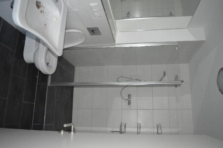 Badezimmer mit Toilette, Waschbecken und Dusche, Fliesenwand, Glasabtrennung