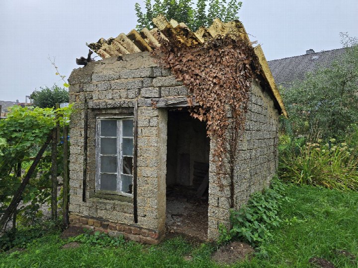 Verfallener Steinbau mit verwittertem Dach und trockenem Efeu im Garten eines Einfamilienhauses in Wachtberg