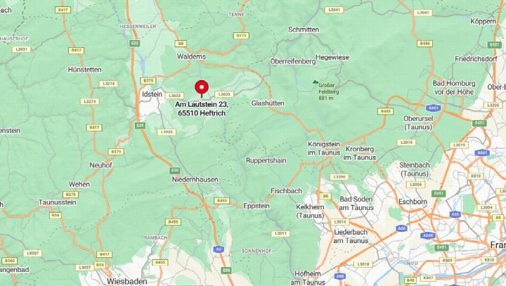 Lagekarte mit Markierung der Adresse Am Lautstein 23, 65510 Heftich, im Taunusgebiet mit umliegenden Ortschaften und Straßen