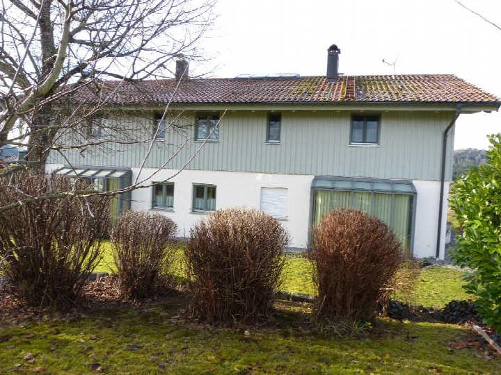 Einfamilienhaus mit Satteldach und Holzverkleidung, Vorgarten mit Sträuchern, Ansicht von vorne