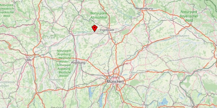 Lagekarte mit Markierung in der Nähe von Ingolstadt, umgeben von Naturparks und Verkehrsnetz, im Kontext der Immobilie in Neuburg