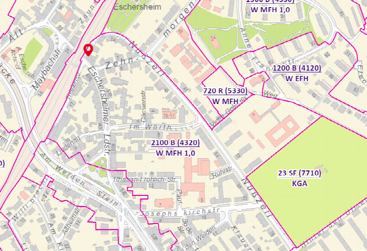 Lagekarte mit Straßen, Grundstücken und einem roten Marker für Nußzeil 2 in Frankfurt am Main