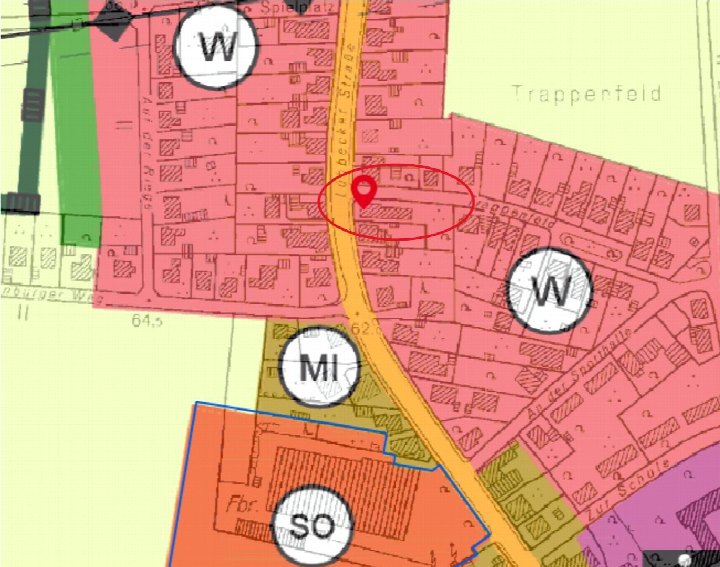 Flurkarte mit Grundstücksparzellen, Straßenbezeichnungen und Nutzungskennzeichnungen; roter Punkt markiert Lübbecker Straße 140 in Löhne