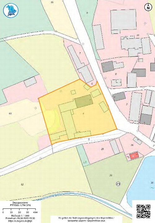 Flurkarte mit Grundstücksparzellen und Gebäuden; das Grundstück Reutern 5 in Wolframs-Eschenbach ist orange hervorgehoben