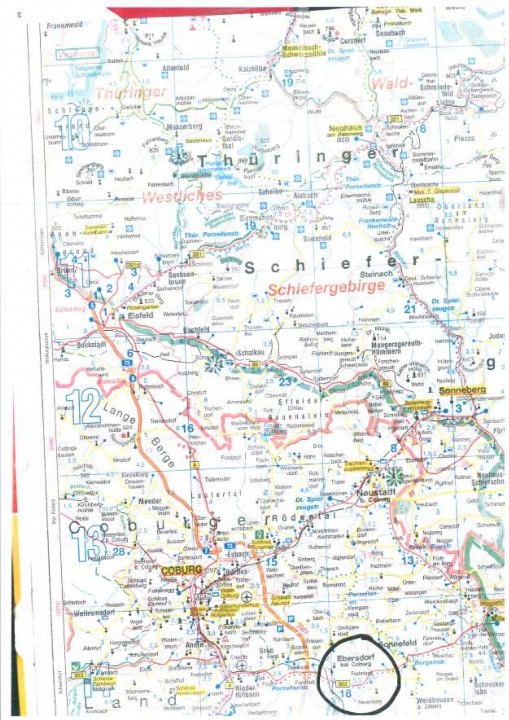 Lagekarte mit markierter Position von Ebersdorf bei Coburg im Landkreis Coburg, umgeben von Regionen wie Thüringer Wald und Fränkischer Wald