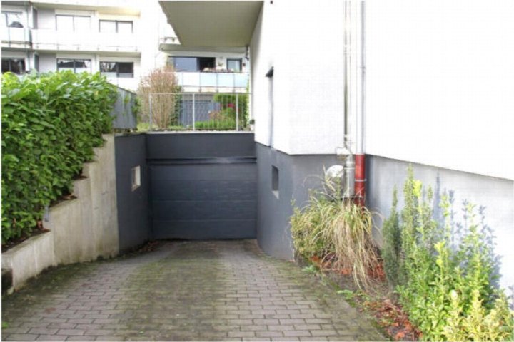 Zugang zu einer Tiefgarage mit gepflastertem Weg, dunkler Garagentür und umgebenden Pflanzen