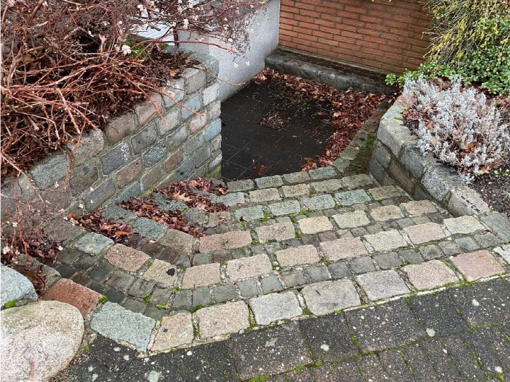 Steinplattenweg mit Stufen zum Eingang eines Gebäudes, umgeben von Mauern und Pflanzen