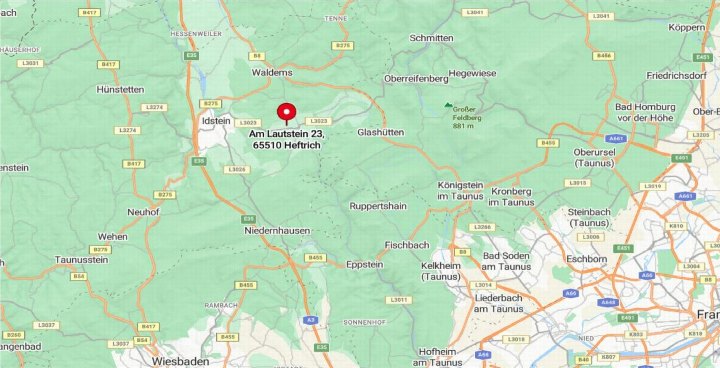 Lagekarte mit Markierung des Objekts Am Lautstein 23, 65510 Heftich, im Taunusgebiet mit umliegenden Ortschaften und Straßen
