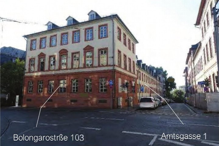 Eckfassade eines mehrstöckigen Gebäudes an der Bolongarostraße 103 in Frankfurt am Main, mit Fenstern, Dachgauben und Straßenansicht zur Amtsgasse 1
