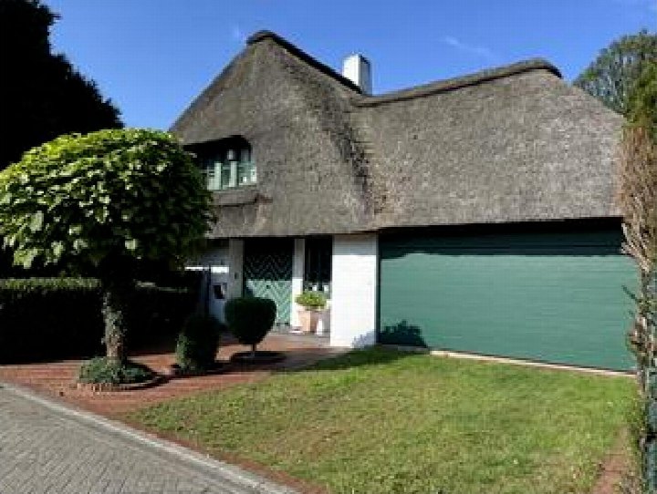 Einfamilienhaus mit Strohdach, Eingang, grüner Garagentür und Vorgarten mit gestutzten Bäumen und Rasen