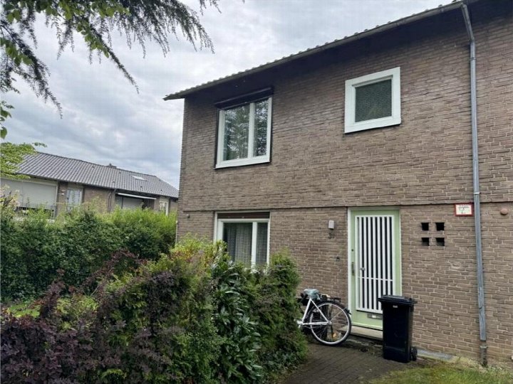Eingangsbereich eines zweistöckigen Reihenhauses mit grüner Tür, Fenstern und Gartenpflanzen. Siemensstraße 31, Meerbusch